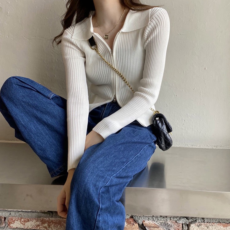 IELGY   Áo sweater cotton Tay Dài Hai Dây Kéo Màu Sắc Trơn Phong Cách Hàn Quốc