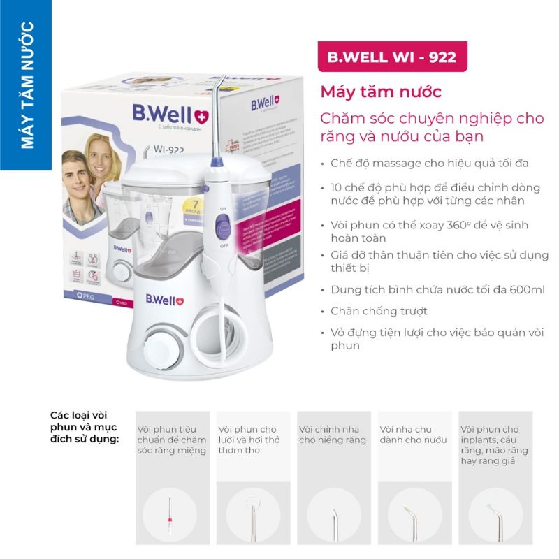 BWELL WI 922 - Máy tăm nước gia đình Thụy Sỹ - 7 đầu tăm- 10 Chế độ lực xịt - Bảo hành 2 năm 1 đổi 1