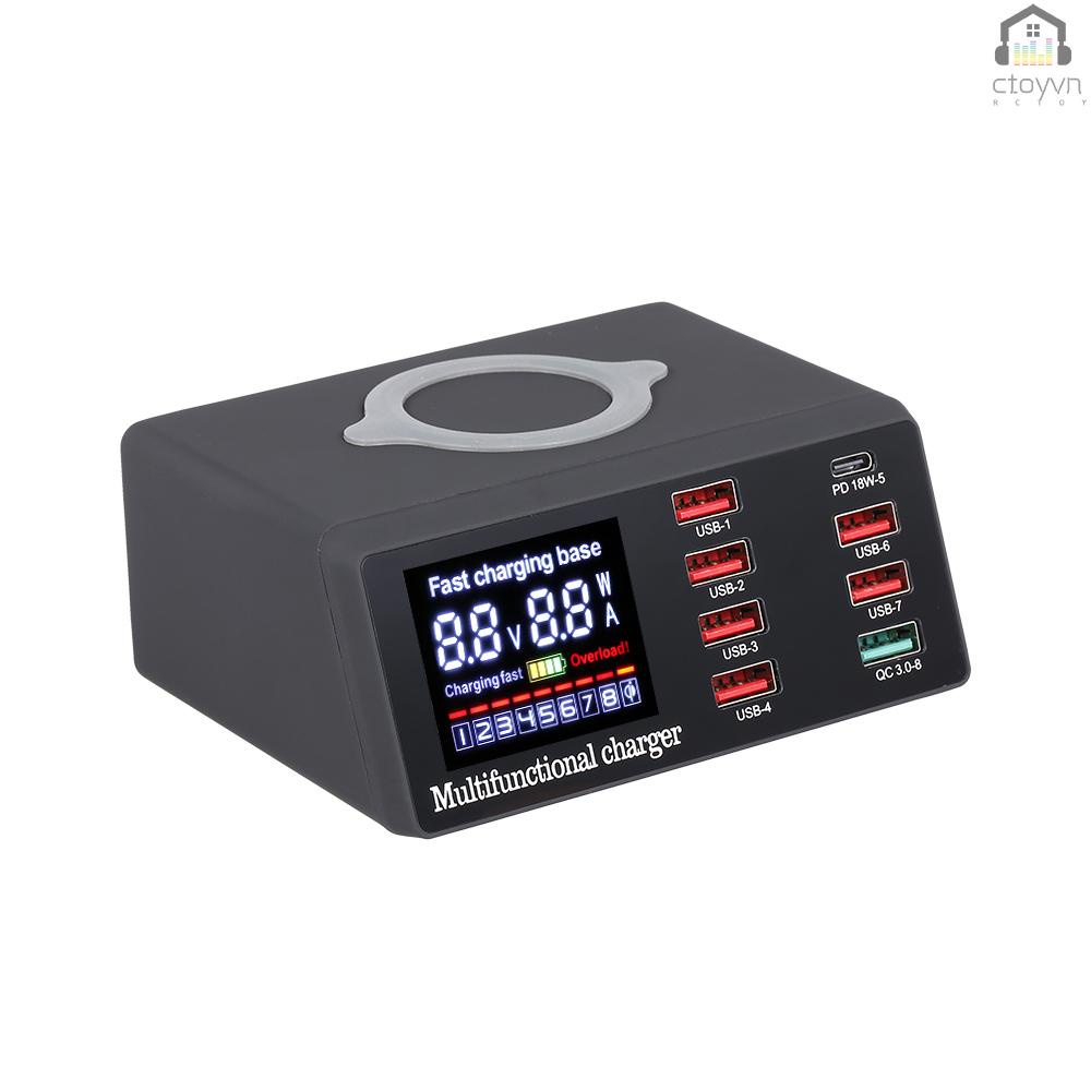 Đế Sạc Nhanh Không Dây X9 8 Cổng USB PD+QC3.0+USB Kèm Màn Hình LED Hiển Thị Dành Cho Điện Thoại/Laptop/Tablet U