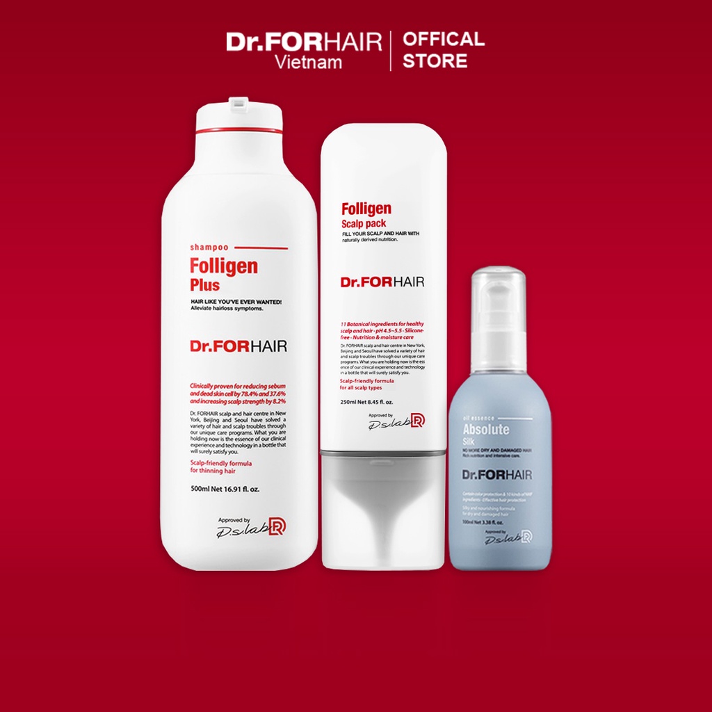 Bộ sản phẩm chăm sóc tóc MƯỢT MÀ, ÓNG Ả của Dr.FORHAIR Follien Plus x Scalp Pack x Oil Essence