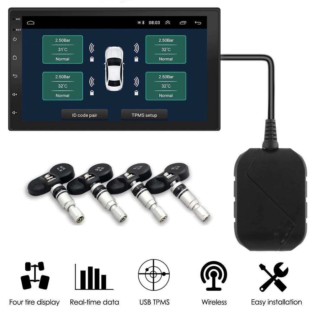 Cảm Biến Áp Suât Lốp TPMS Tích Hợp Màn Android Van Trong - Van Ngoài