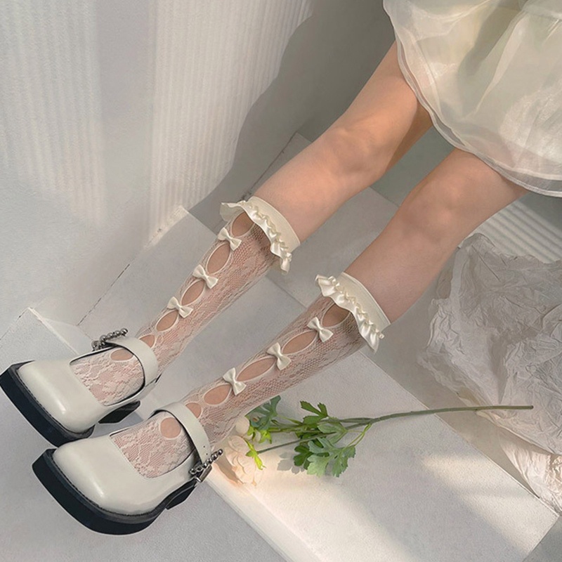 Tất Lửng Vải Satin Viền Ren Đính Nơ Phong Cách Lolita Hàn Quốc