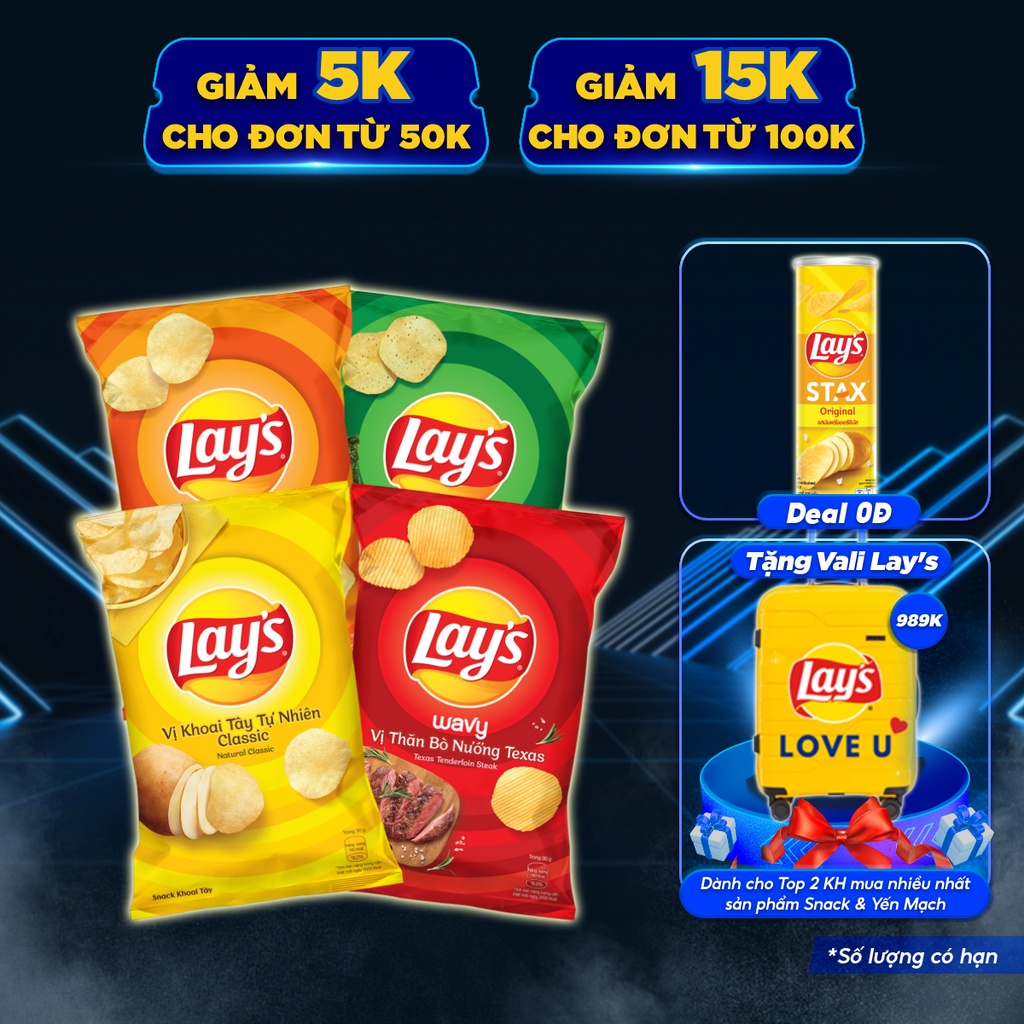 Combo 4 Snack Khoai Tây Lay's Mix 95g/gói vị : Tự nhiên Classic, Tảo Biển Nori, Sườn Nướng BBQ và Thăn bò nướng Texas