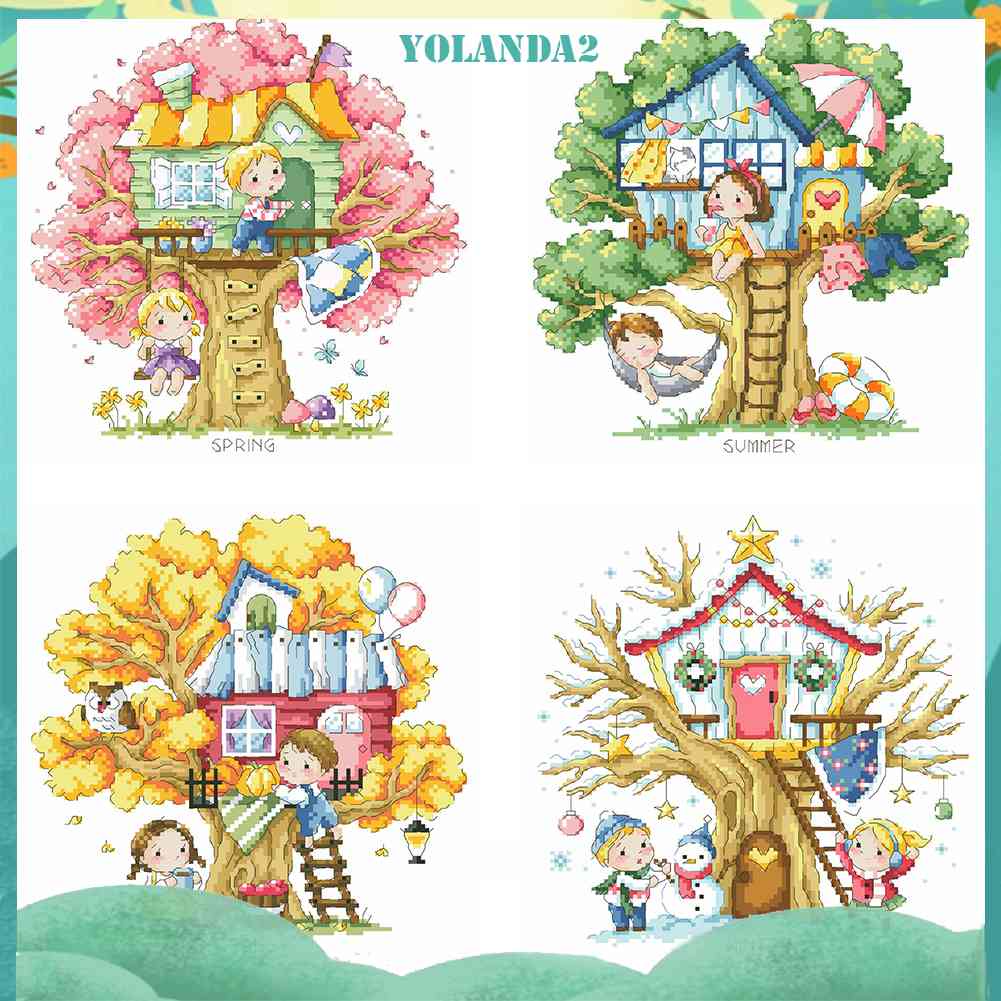 (canvas no printing)  Toàn Bộ Tranh Thêu Chữ Thập Họa Tiết Cây Bốn Mùa 14CT