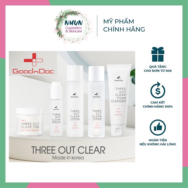 Bộ dưỡng da GOODNDOC THREE OUT CLEAR cấp nước, trắng da, phục hồi sau peel (srm+toner+tinh chất) -NHUN