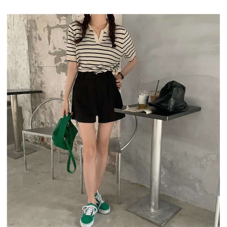 Áo Dệt Kim Tay Ngắn Cổ Chữ V Hoạ Tiết Kẻ Sọc Cho Phái Nữ 38-60kg | BigBuy360 - bigbuy360.vn