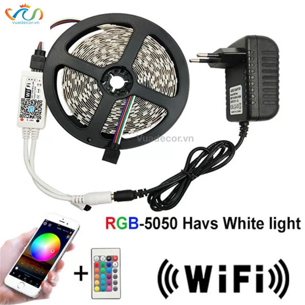 Đèn dây led RGB 16 triệu màu 5M 5050 VUADECOR điều khiển bằng điện thoại nháy theo nhạc trang trí decor phòng