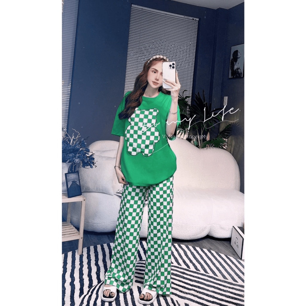 (Free Ship) SÉT BỘ NỮ QUẦN DÀI ỐNG RỘNG CARO CHÚ GẤU NHIỀU MÀU SIU HOT MMF HHp Fashion