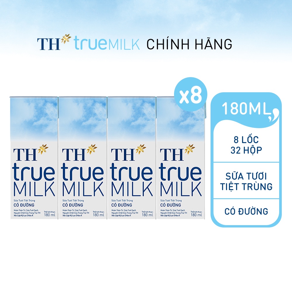 8 Lốc sữa tươi tiệt trùng có đường TH True Milk 180ml (180ml x 4 hộp)