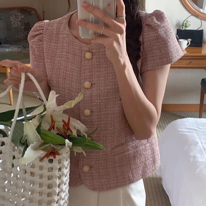 Áo dạ sweet cổ tròn tay bồng tiểu thư