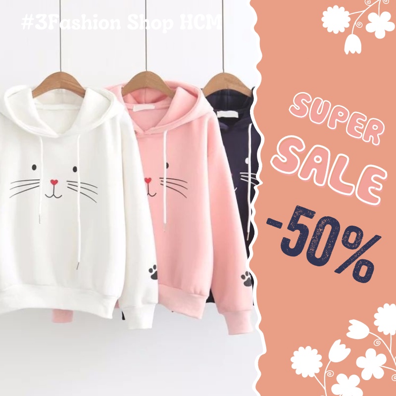 Áo Hoodie Nữ Mặt Mèo Vải Nỉ Bông Êm Ái Thiết Kế Dễ Thương Đáng Yêu - MSP T29