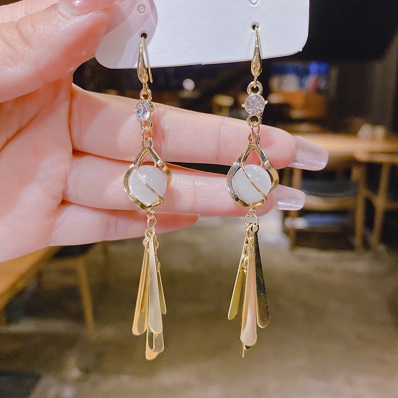 Đôi Khuyên Tai Dài Đính Đá Opal Thời Trang Cho Nữ