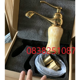 Vòi Lavabo Rửa Mặt Mạ Vàng Thân Đá Cao 20cm , Vòi Cắm Chậu Tặng 2 Dây Cấp Nước Cao Cấp LV068