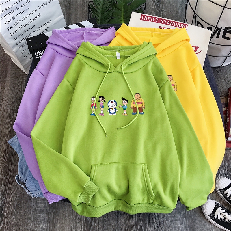 Áo khoác thể thao có mũ dáng rộng bằng Cotton dày in họa tiết Doraemon dành cho nữ