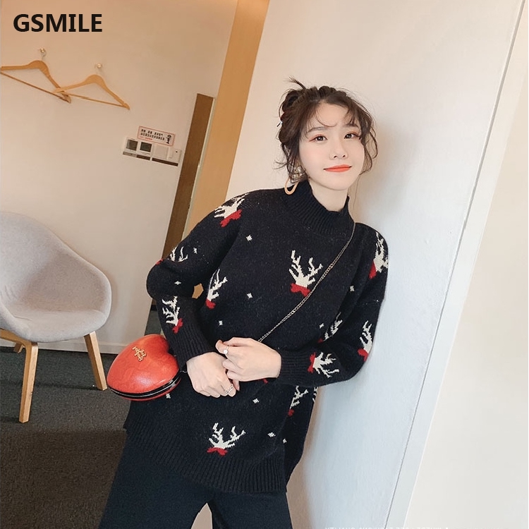 🎄Merry Christmas🎄 Áo Sweater tay dài cổ lọ hoạ tiết hoạt hình phong cách Hàn Quốc