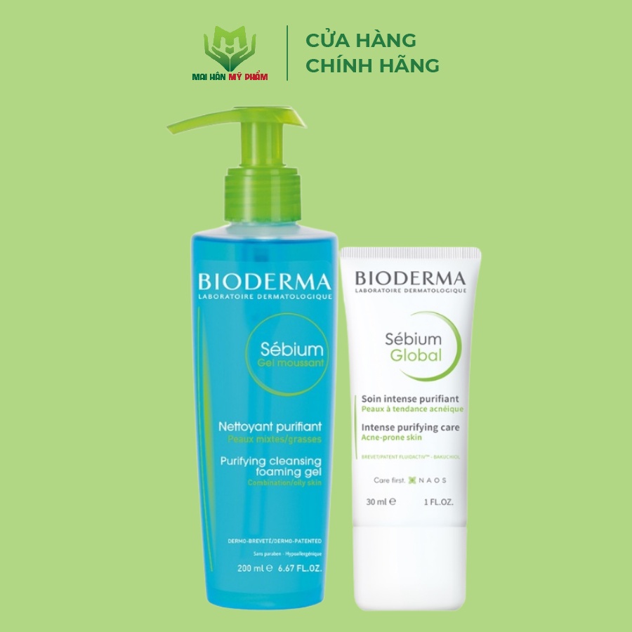 Bộ đôi Gel rửa mặt tạo bọt Bioderma Sebium Gel Moussant 200ml và Kem ngừa Mụn Bioderma Sebium Global 30ml