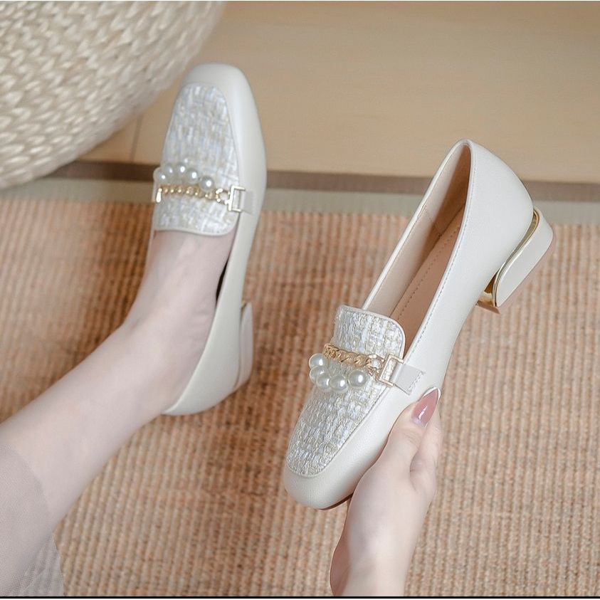 Giày búp bê bigsize caro đính chuỗi hạt ngọc full size 30-44