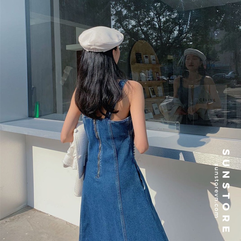 Đầm yếm jeans dáng xòe màu xanh denim Ulzzang