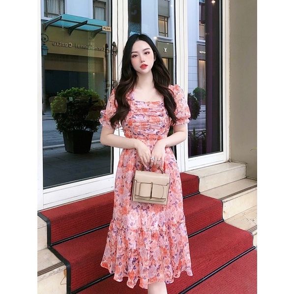 Váy xòe hoa dự tiệc cap cấp dáng dài tay bồng xinh chất liệu tơ 2 lớp dày dặn | BigBuy360 - bigbuy360.vn