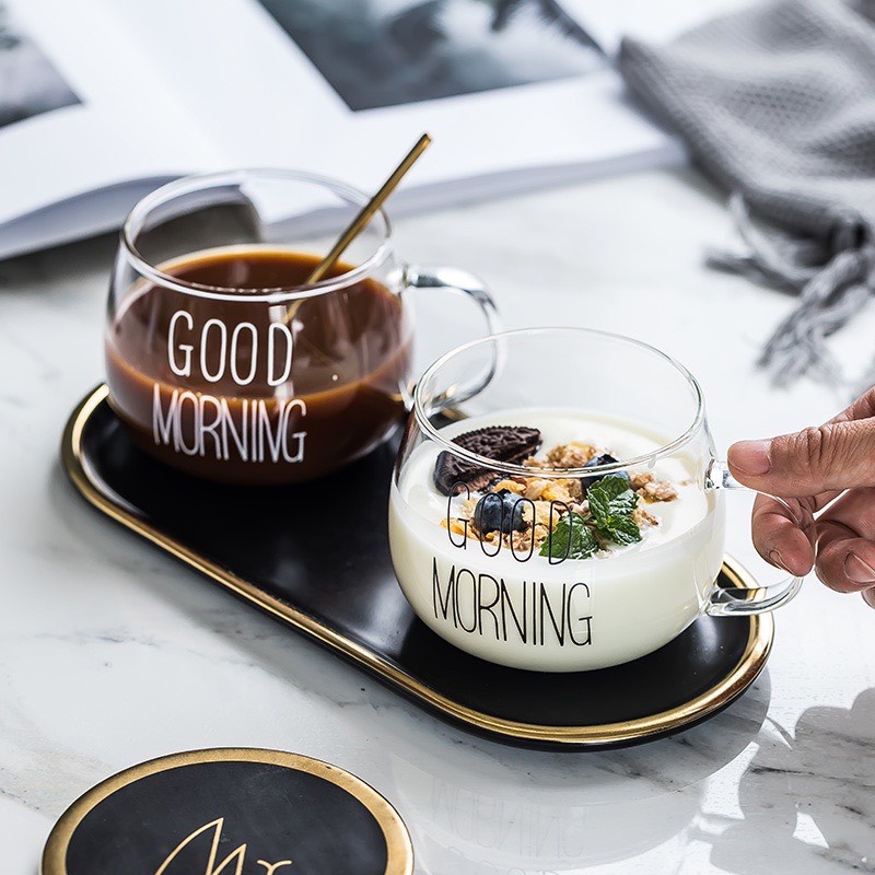 Ly thủy tinh Good Morning cute dễ thương 350ml chịu nhiệt Cốc thủy tinh uống nước có quai Hottrend hiện nay Lucica CTT3