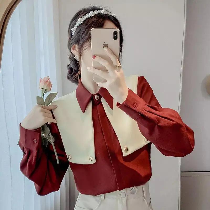 Áo Sơ Mi Tay Dài Màu Sắc Tương Phản Phong Cách Hàn Quốc Thời Trang Cho Nữ