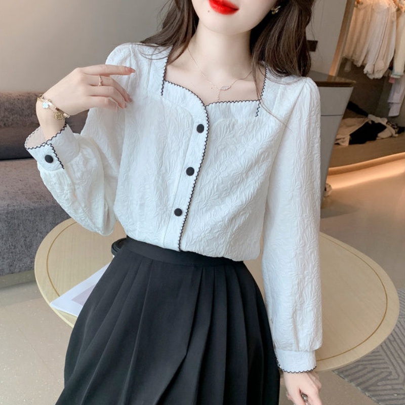 Áo Sơ Mi Chiffon Cổ Vuông Tay Dài Màu Trắng Phong Cách Thời Trang Hàn Quốc Dành Cho Nữ