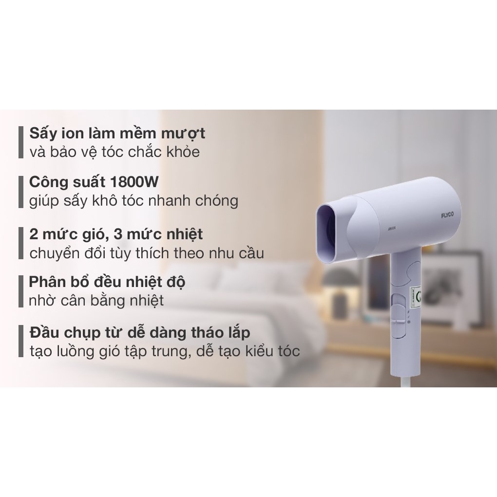 Máy sấy tóc công suất lớn Flyco FH6277VN 1800w ION 30Shine phân phối chính hãng