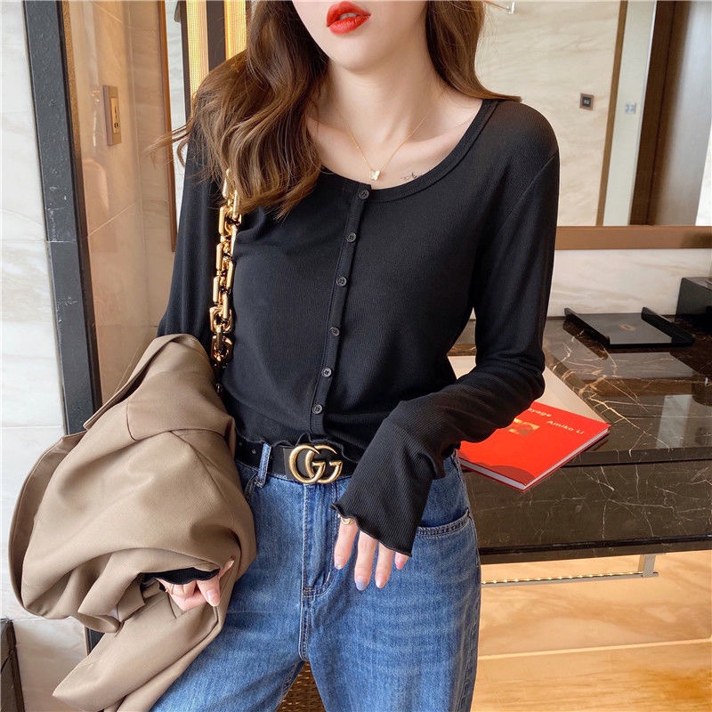 Áo BH bằng cotton dài tay màu trơn phong cách Hàn Quốc