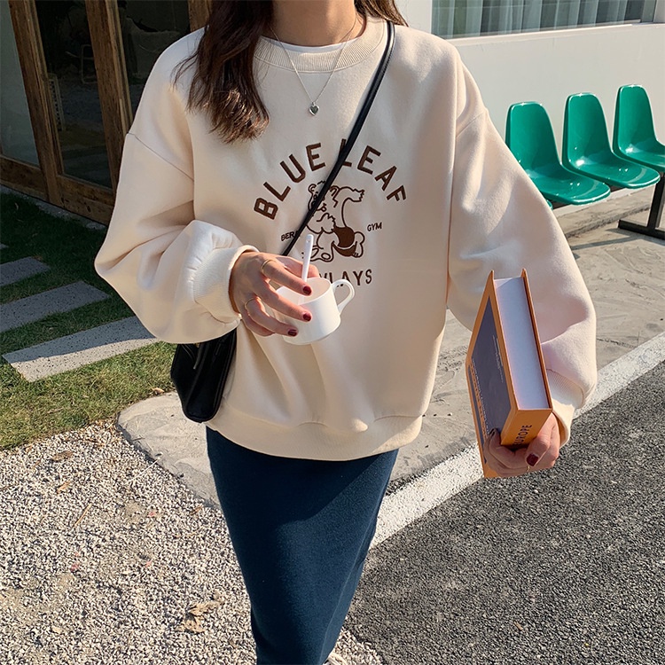 ZHELIHANGFEI Áo Thun Tay Dài Cổ Tròn Form Rộng Họa Tiết In Dễ Phối Đồ