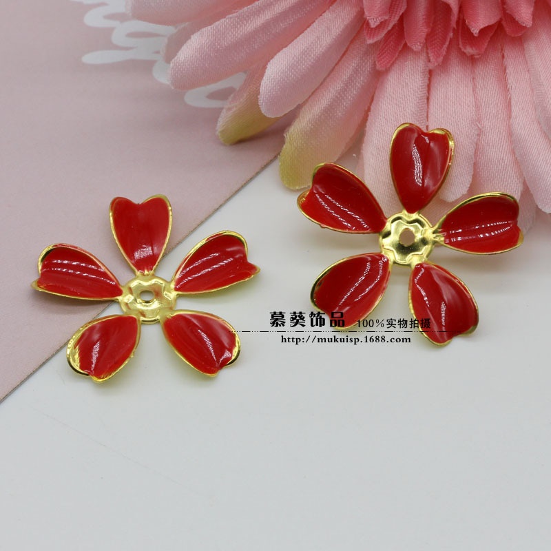 (1 cái)Phiến kim loại hình hoa sơn tráng men đỏ 30mm, Nguyên liệu làm trang sức cổ trang, Nguyên liệu diy