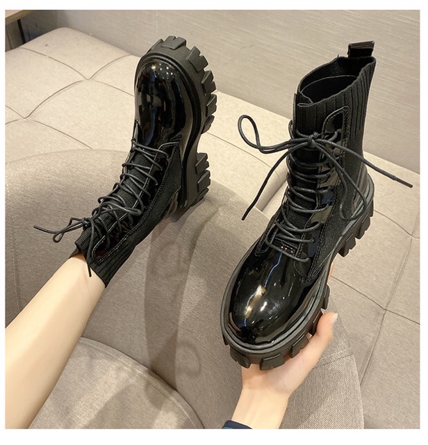 Giày boots Martin nữ cổ ngắn phối len đế cao 5cm phong cách ulzzang