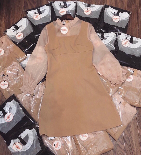 KÈM ẢNH THẬT Đầm Cổ Xếp Li Phối Voan KEM/ĐEN