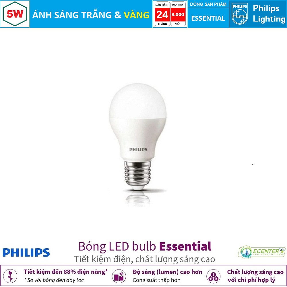Bóng Philips LEDBulb Essential 5W 6500K/3000K A60 E27 ( Ánh Sáng Trắng & Vàng )
