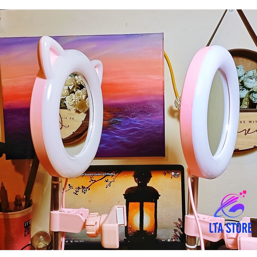 Đèn Livestream màu hồng tai thỏ siêu cute kèm gương trang điểm và giá đỡ điện thoại để bàn có thể gấp gọn đa năng
