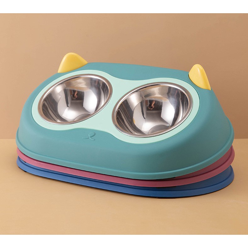 chén đôi inox mặt mèo cho chó mèo