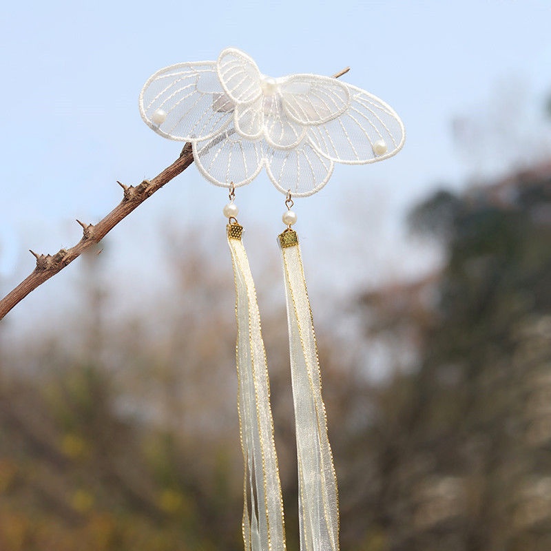 Kẹp Tóc Hình Bướm Phối Dây Ruy Băng Tua Rua Lưng Phong Cách Cổ Điển