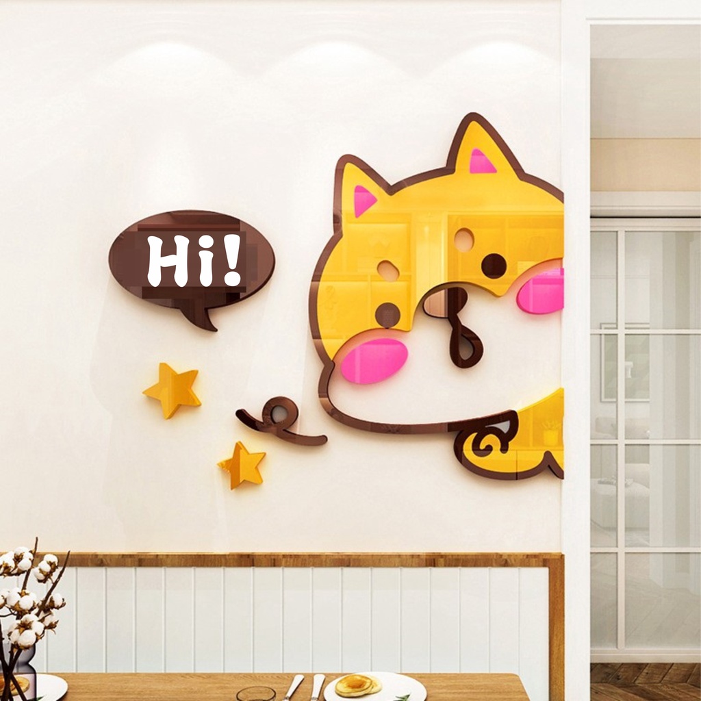 Tranh mica dán tường - Thỏ Con, cún con Hi trang trí cửa ra vào, cửa hàng, quán ăn, địa điểm kinh doanh