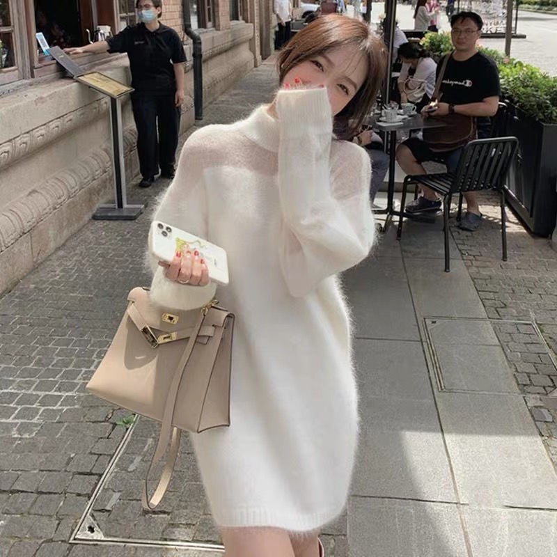 Đầm Sweater Cổ Lọ Phối Lông Thời Trang Mùa Đông Thanh Lịch Cho Nữ