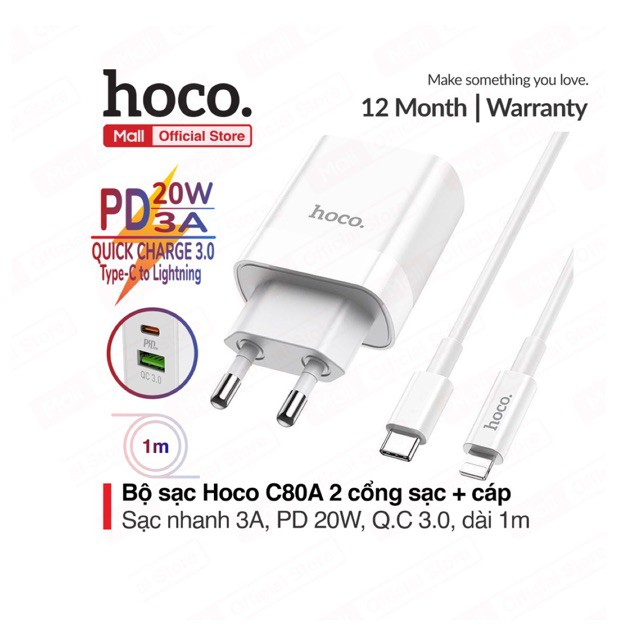 Bộ sạc nhanh PD20W/3A Hoco C80/C80A 2 cổng ( USB + Type-C ) kèm cáp Type-C dành cho IP10/11/12/13/14promax dài 1m