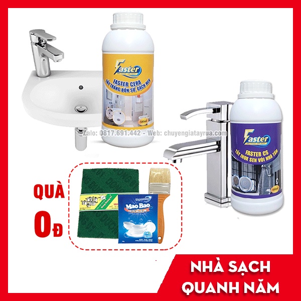 (TIẾT KIỆM 20K) Combo Nước Tẩy Inox Nhà Tắm Rỉ Sét, Tẩy Cặn Canxi Inox &amp; Tẩy Trắng Bồn Sứ, Tẩy Trắng Gạch Faster 500ml