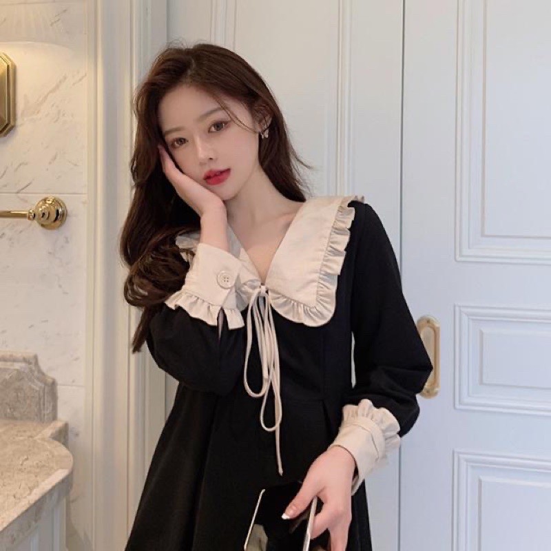 Váy Tiểu Thư Dáng Rộng Đầm Xòe Chất UMI Tay Phối Voan Cổ Bèo Hàng Thiết Kế, váy tiểu thư tay bèo VTB289 Trabinhshop