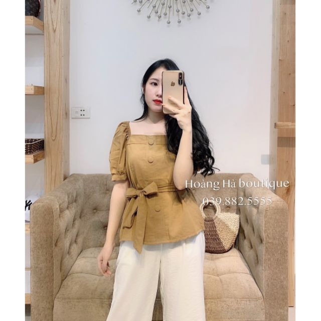 Áo cổ vuông tay bồng thắt đai