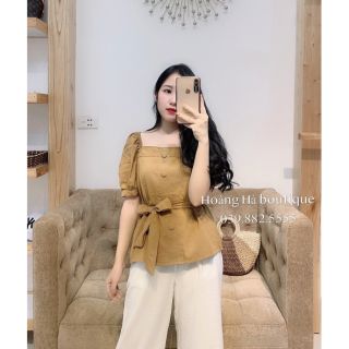 Áo cổ vuông tay bồng thắt đai