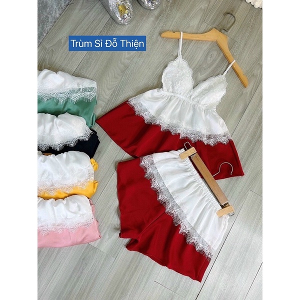 Đồ bộ nữ lụa Satin phối ren cao cấp mặc nhà ngủ sexy quyến rũ-set 2 dây nữ