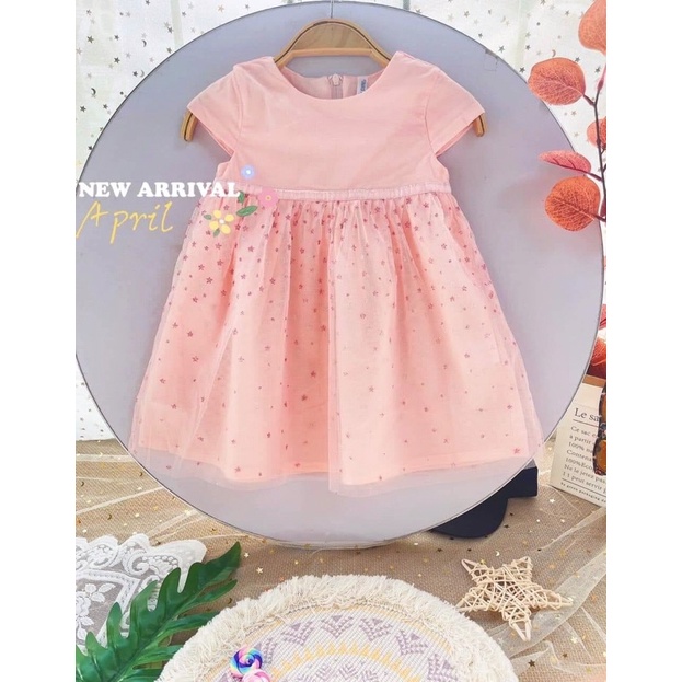 Đầm hồng cotton phối lưới sao 9-36 tháng