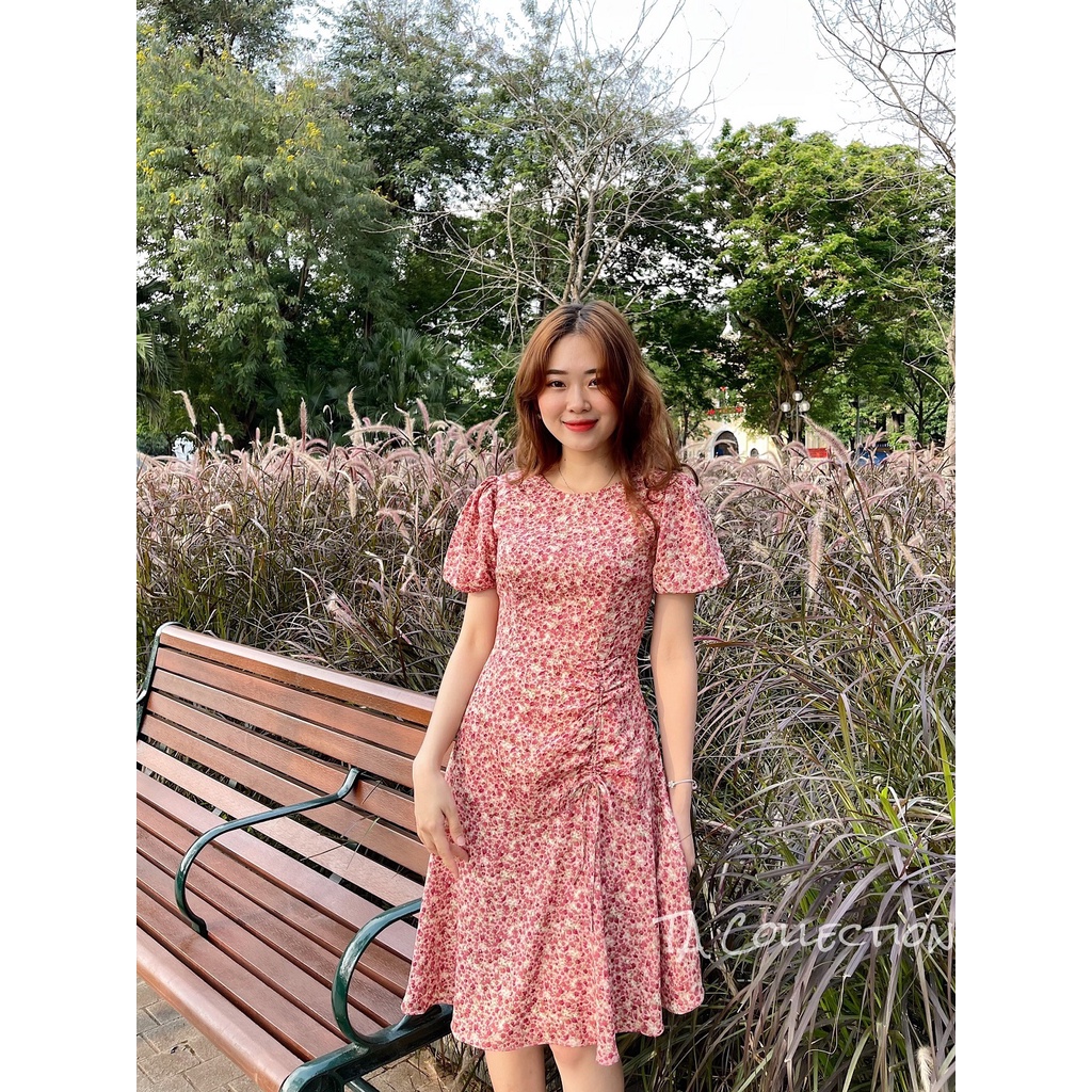 Váy thiết kế AURORA hoa nhí 2 lớp nhún eo cổ tròn bóp eo hack dáng tôn da chất liệu tơ dệt thoáng mát