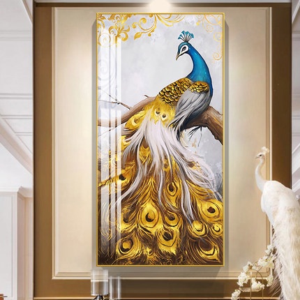 Tranh Treo Tường Hành Lang Chim Công Vàng Phú Quý Cao Cấp Tặng Kèm Đinh