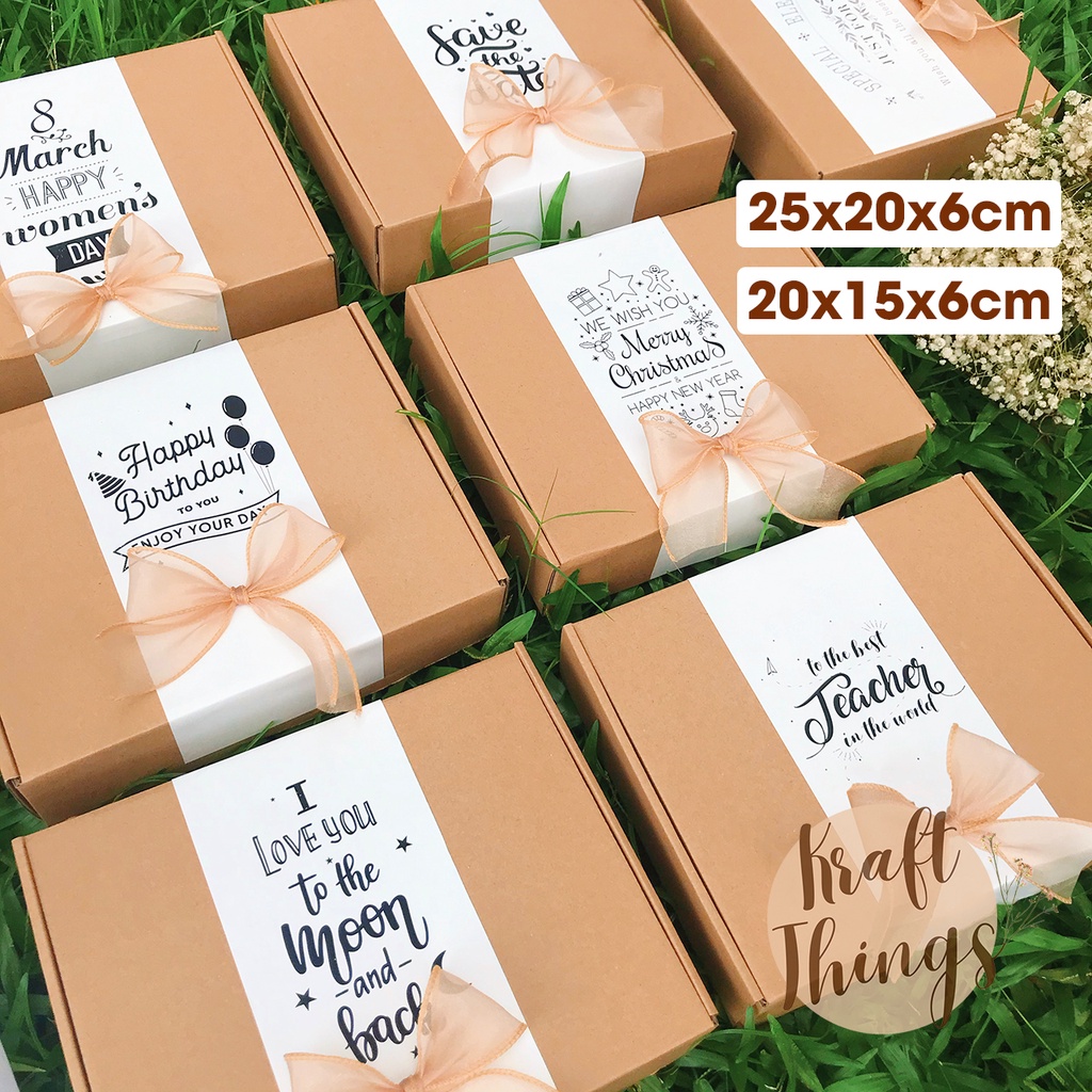 Hộp đựng quà kraft nhiều chủ đề - Hộp quà tặng sinh nhật, 20/10, giáng sinh kèm rơm lót H01