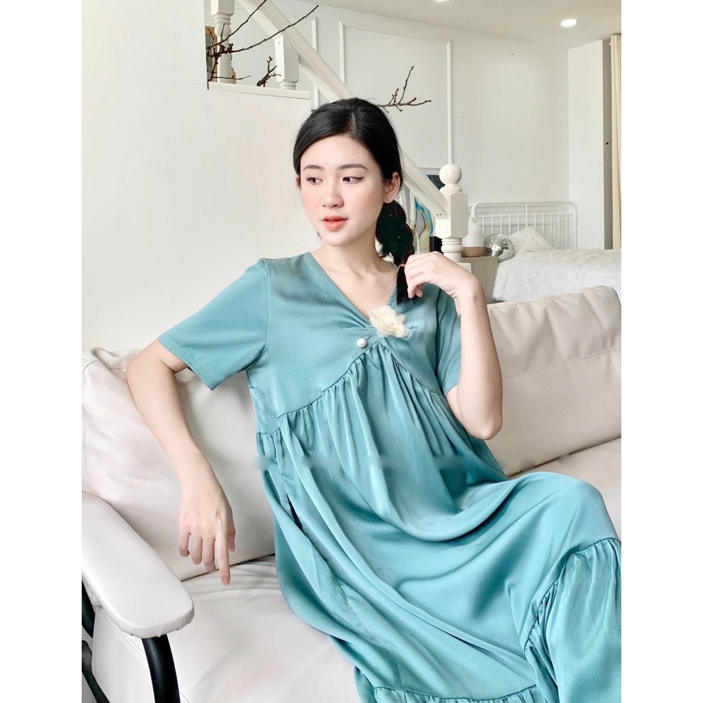 ĐẦM LỤA BẦU ĐÍNH HOA DÁNG DÀI SUÔNG CHO BẦU VÀ KHÔNG BẦU