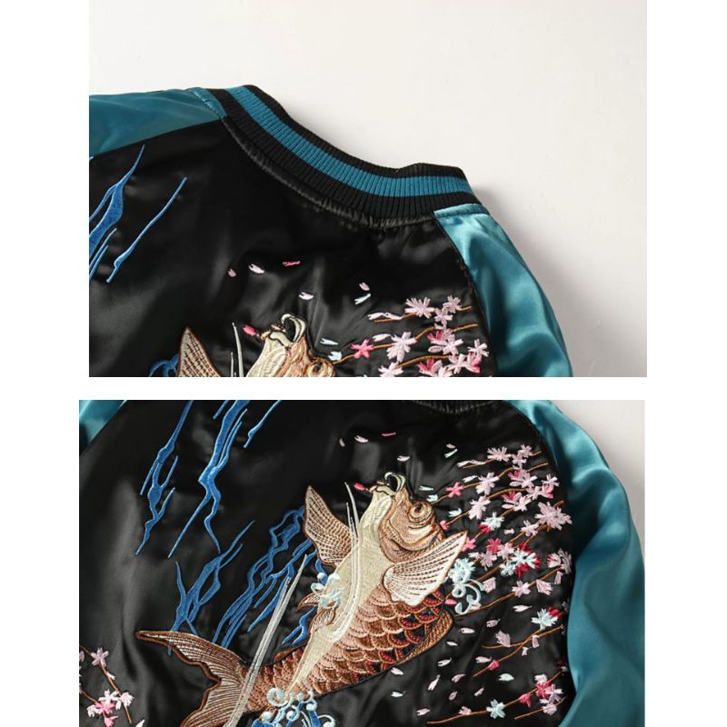 ÁO KHOÁC BOMBER JACKET SUKAJAN THÊU HOA ĐÀO & CÁ CHÉP